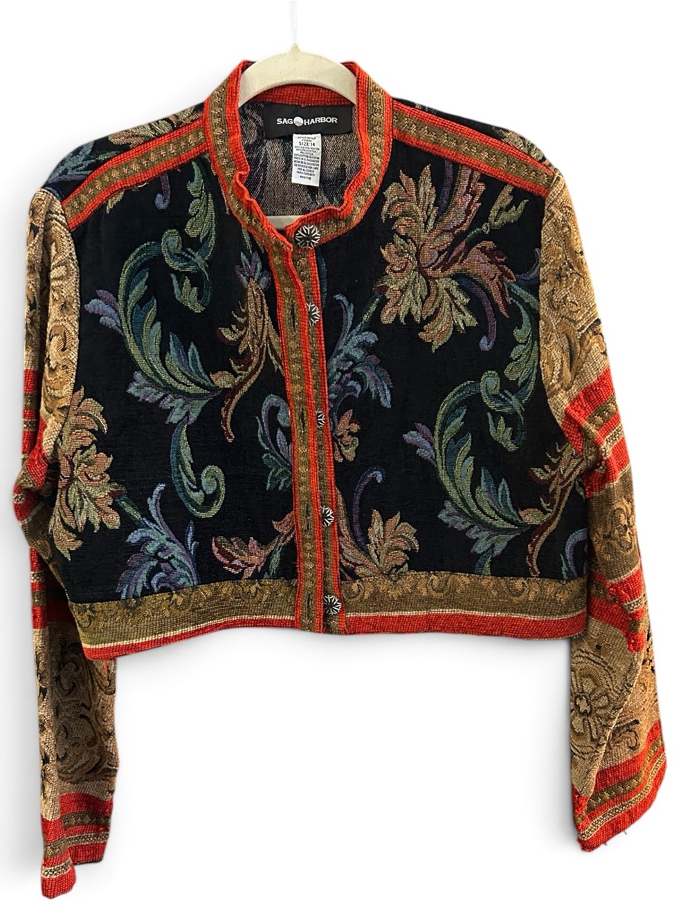 Vintage Sag Harbor Black Multicolor Cropped Tapestry Jacket Boxy Fit Size 14